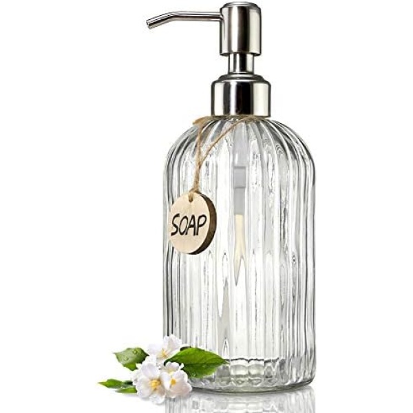 JASAI 18 Oz Clear Glass Soap Dispenser with Rust Proof Stainless Steel Pump