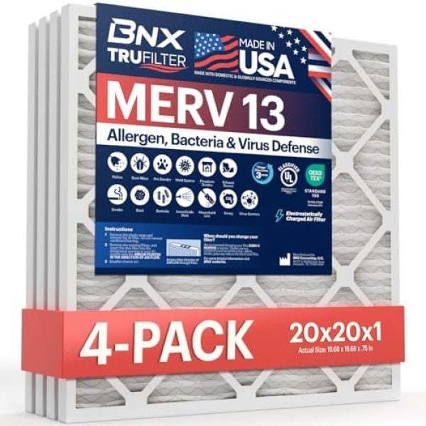 BNX TruFilter 20x20x1 MERV 13 (4-Pack) AC Furnace Air Filter